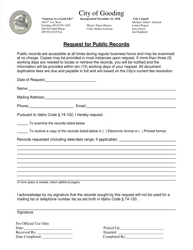 Gooding public-records form for city arrest records and booking-photo requests