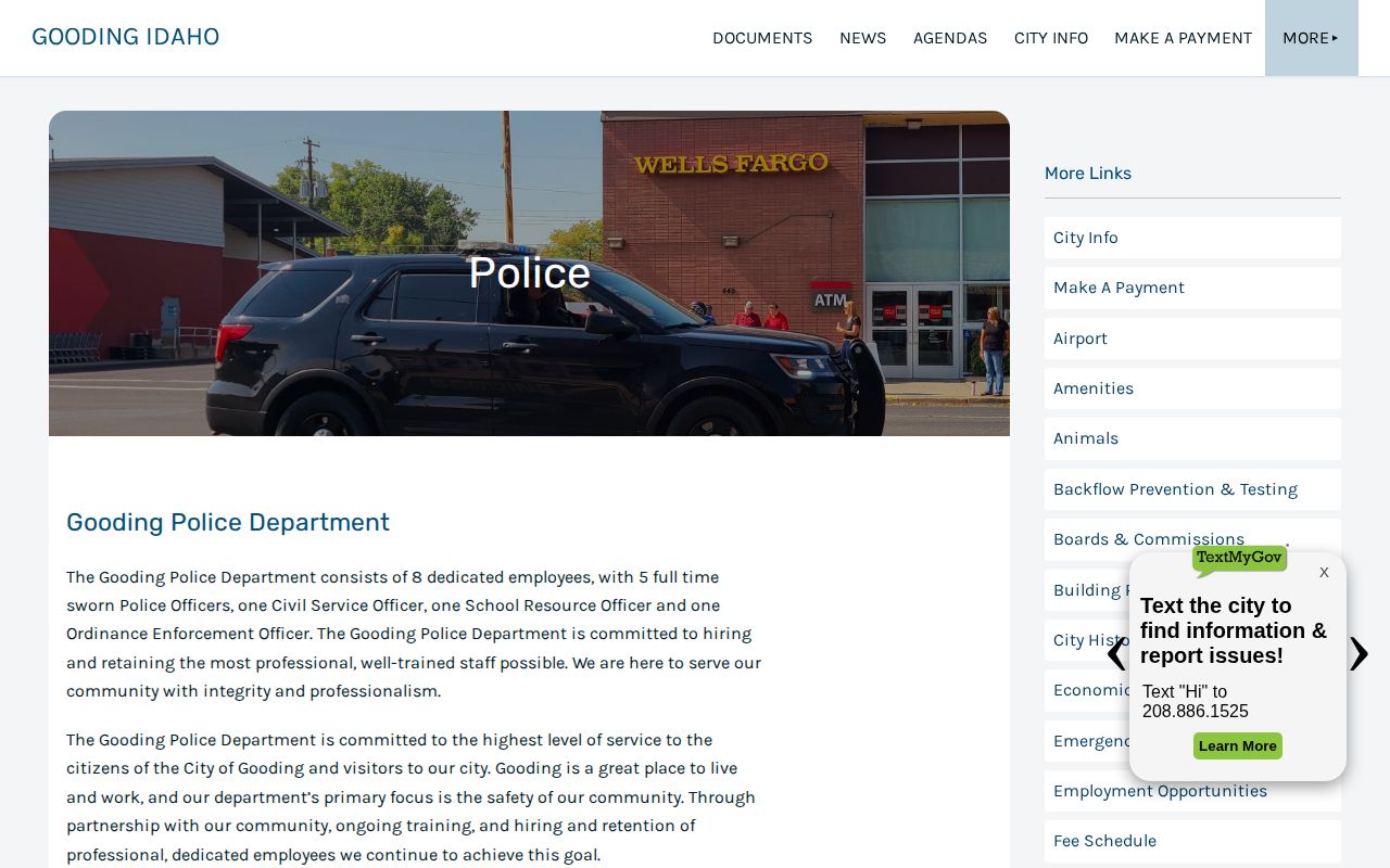 Gooding Police Department contact page for Gooding arrest records