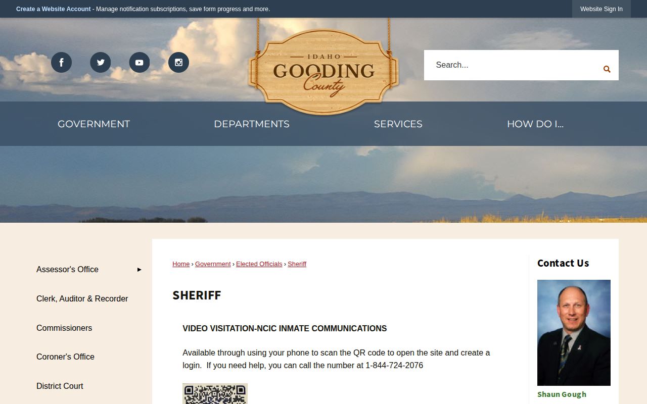 Official Gooding County Sheriff page with jail service and office contact information