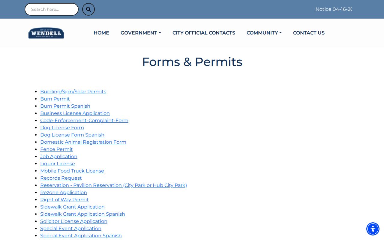 Official Wendell forms page with the city public-records request route